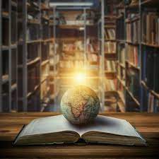 An Old Globe Lying On An Open Book Against The Background Of Bookshelves In  A Library Selective Focus Retro Style Stock Photo - Download Image Now -  iStock